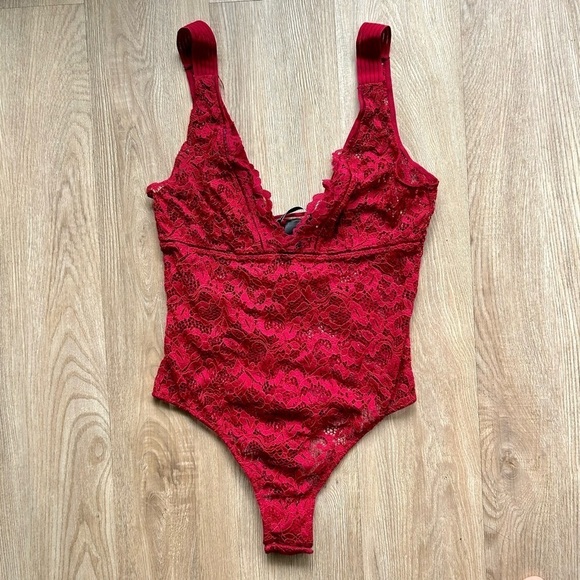 Victoria's Secret Other - Victoria‘s Secret Red Lace Sheer Bodysuit V-Neck Lingerie